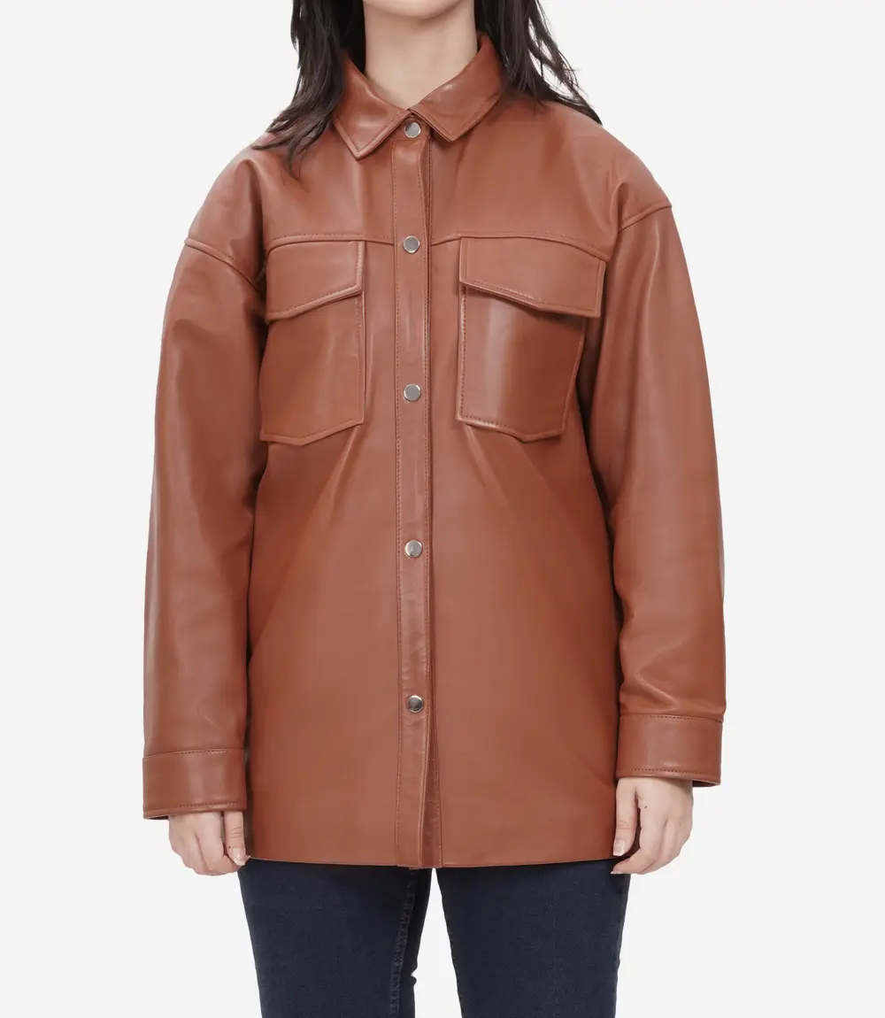 Womens Long Cognac Oversized Leather Jacket