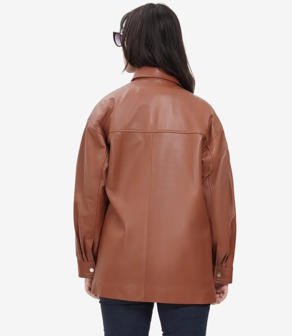 Womens Long Cognac Oversized Leather Jacket