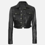 Women Cropped Black Leather Trucker Jacket