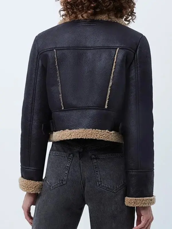 Women Cropped Black Shearling Leather Jacket