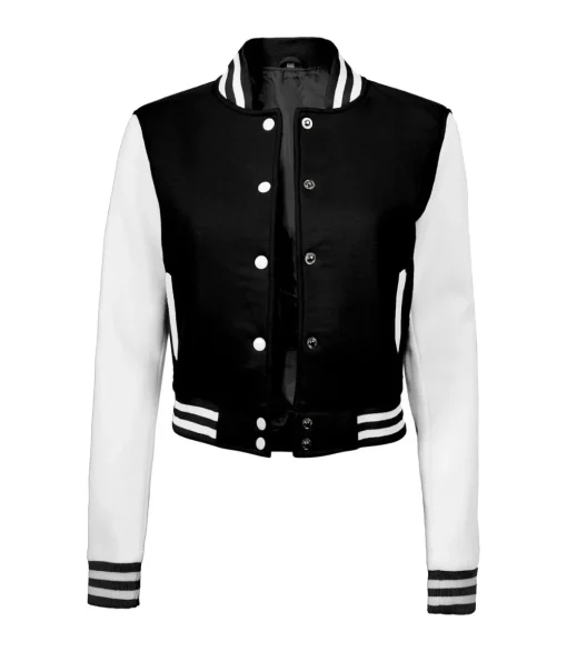 Women Black And White Cropped Varsity Jacket