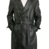 Men Belted Double Breasted Black Leather Coat