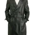 Men Belted Double Breasted Black Leather Coat