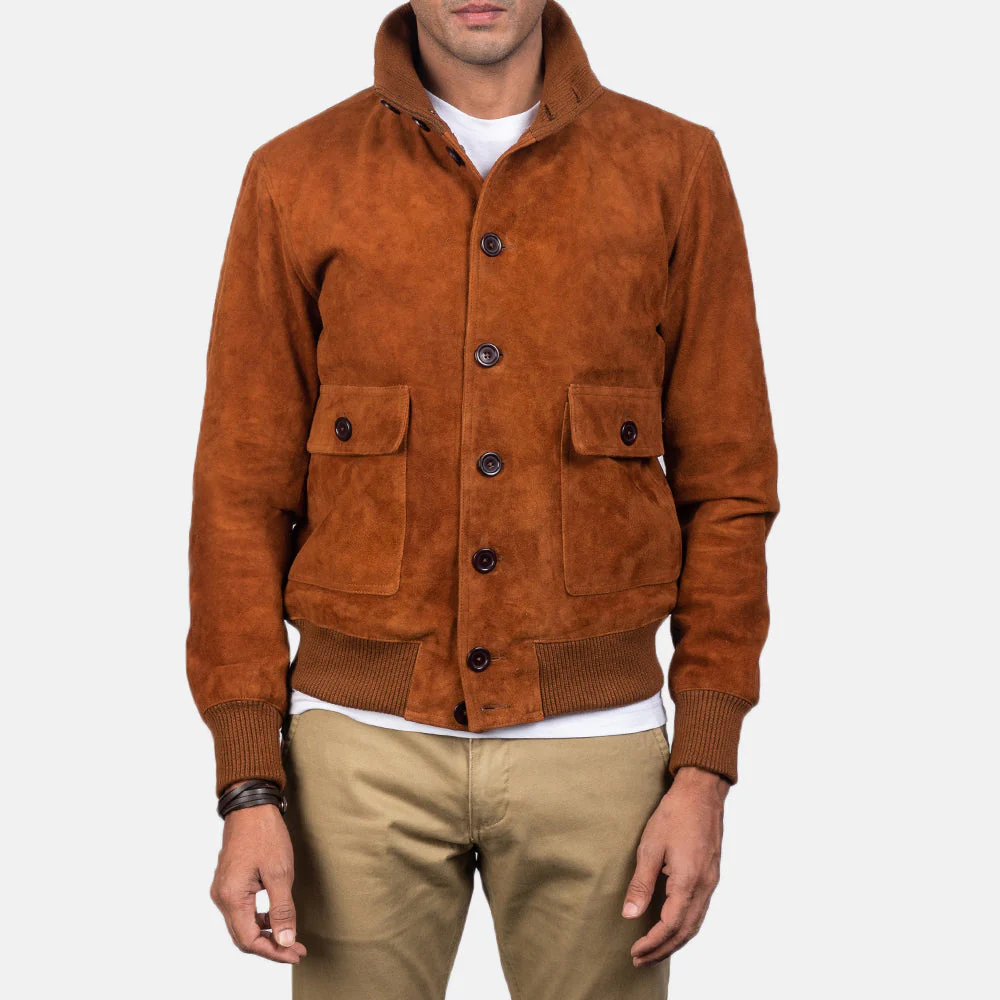 Men Eaton Brown Suede Bomber Jacket