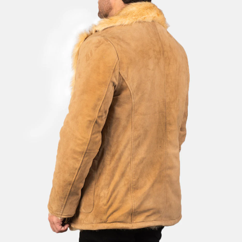 Men Fur long Beige Suede Leather Coat