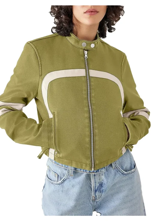 Womens Green Faux Leather Motocross White Stripes Jacket