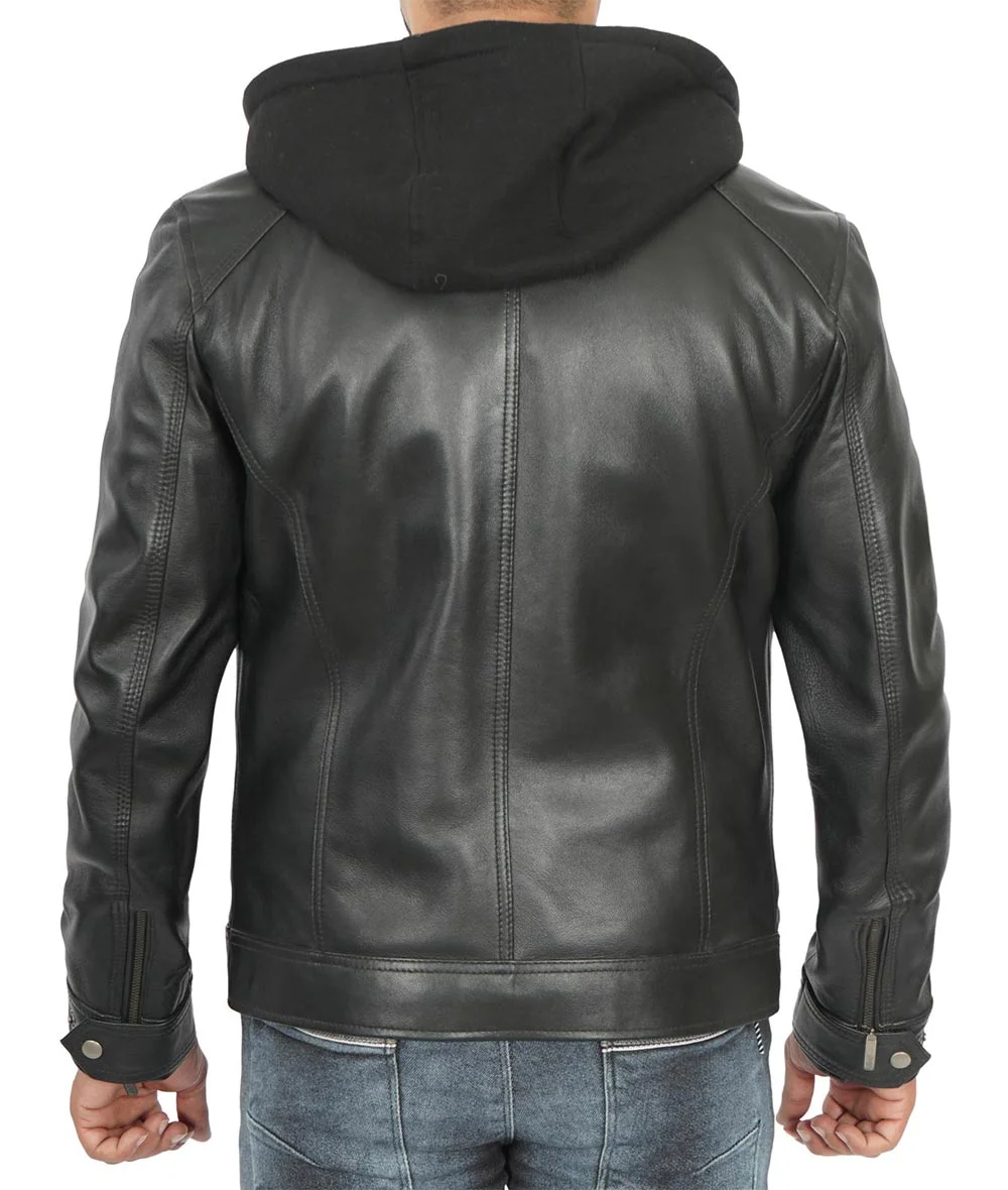 Mens Tall Black Leather Racer Jacket With Removable Hoodie