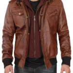Mens Brown Tall Bomber Leather Jacket With Removable Hood