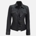 Womens Leather Black Trucker Jacket