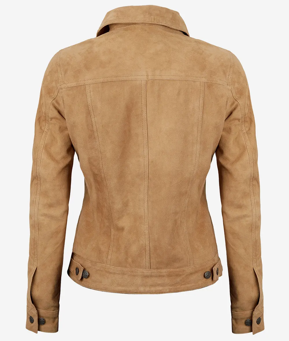 Women Light Brown Suede Trucker Jacket