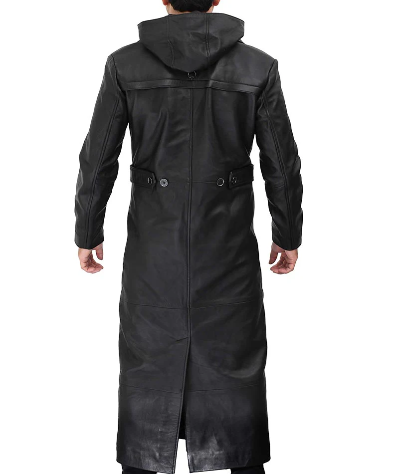 Men Black Hooded Leather Duster Coat