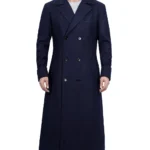Men Blue Double Breasted Long Wool Coat