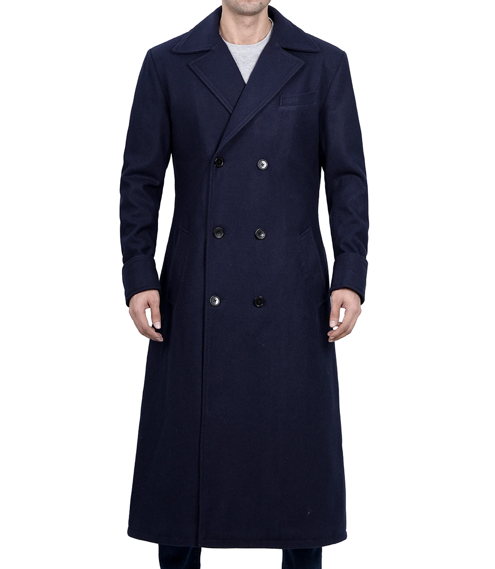Men Blue Double Breasted Long Wool Coat