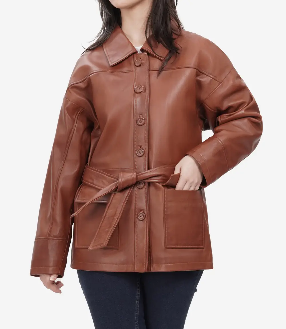 Womens Long Cognac Oversized Belted Leather Jacket