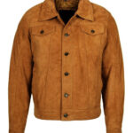 Mens Brown Long Sleeve Suede Trucker Jacket