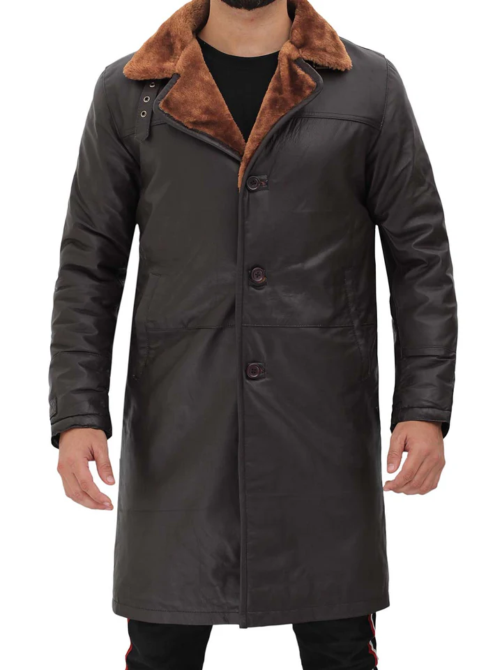 Mens Dark Brown Shearling Leather Trench Coat