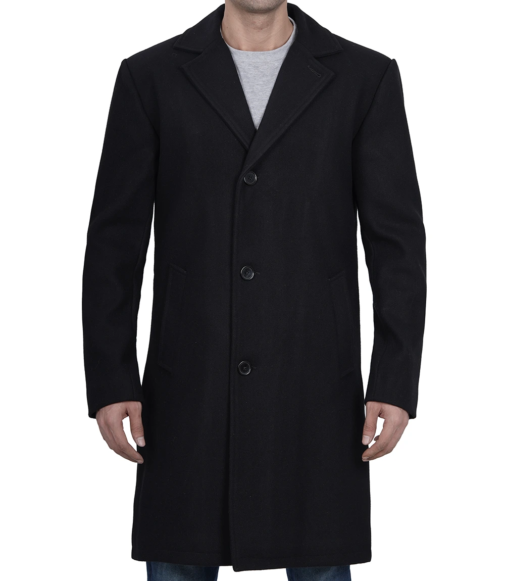 Mens Single Breasted Black Wool Coat