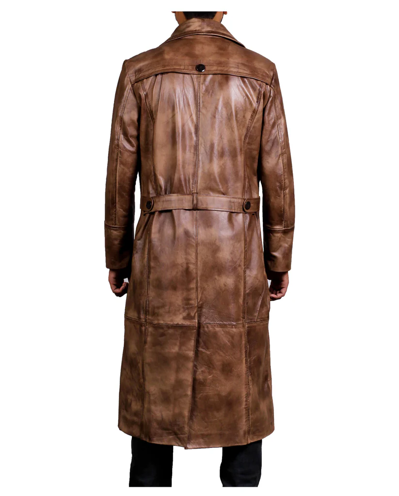 Men Leather Brown Wax Duster Coat