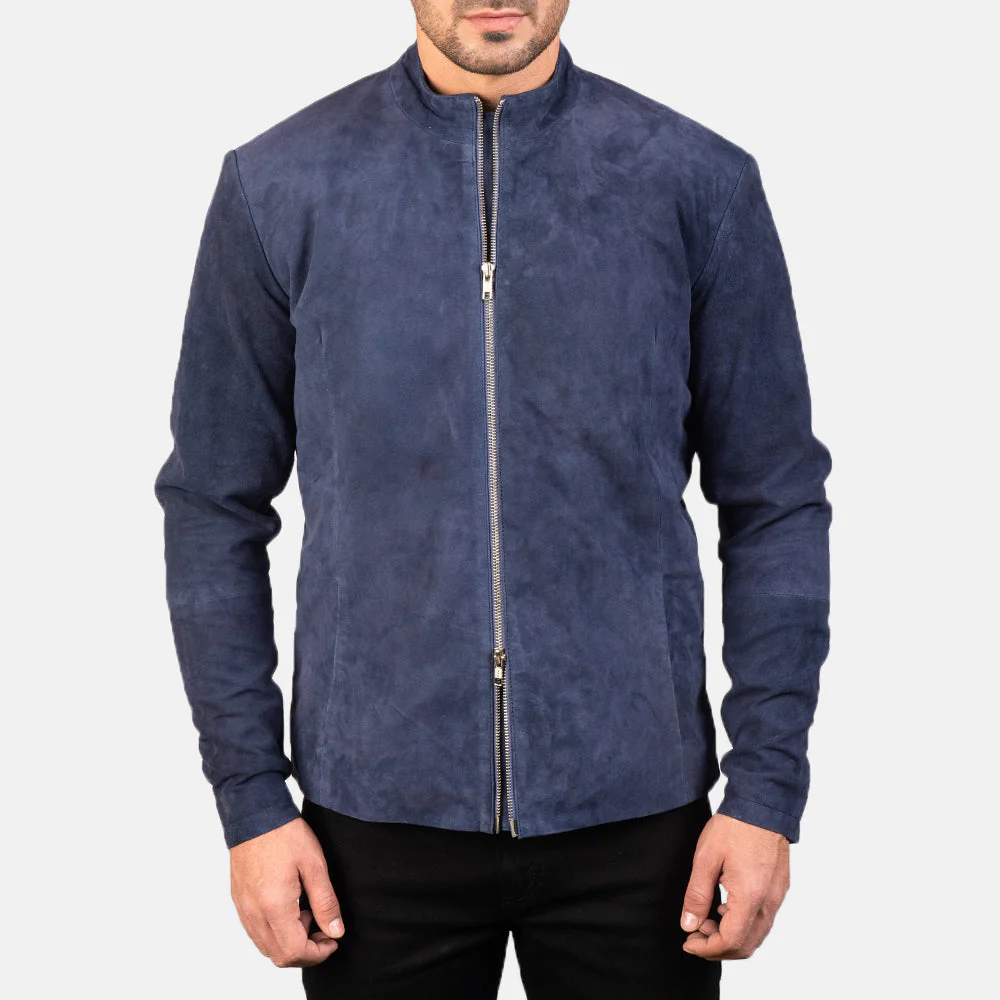 Men Charcoal Navy Blue Suede Biker Jacket