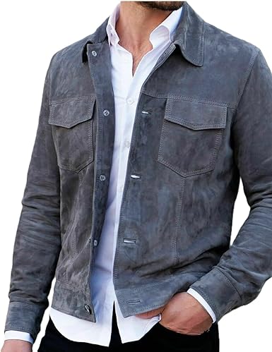 Mens Grey Suede Leather Trucker Jacket