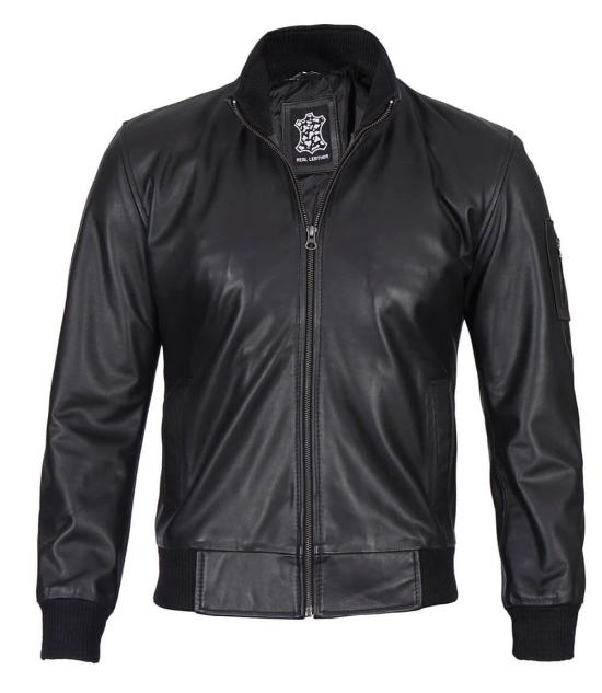 Men Black Tall Cowhide Leather Bomber Jacket