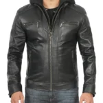 Mens Tall Black Leather Racer Jacket With Removable Hoodie