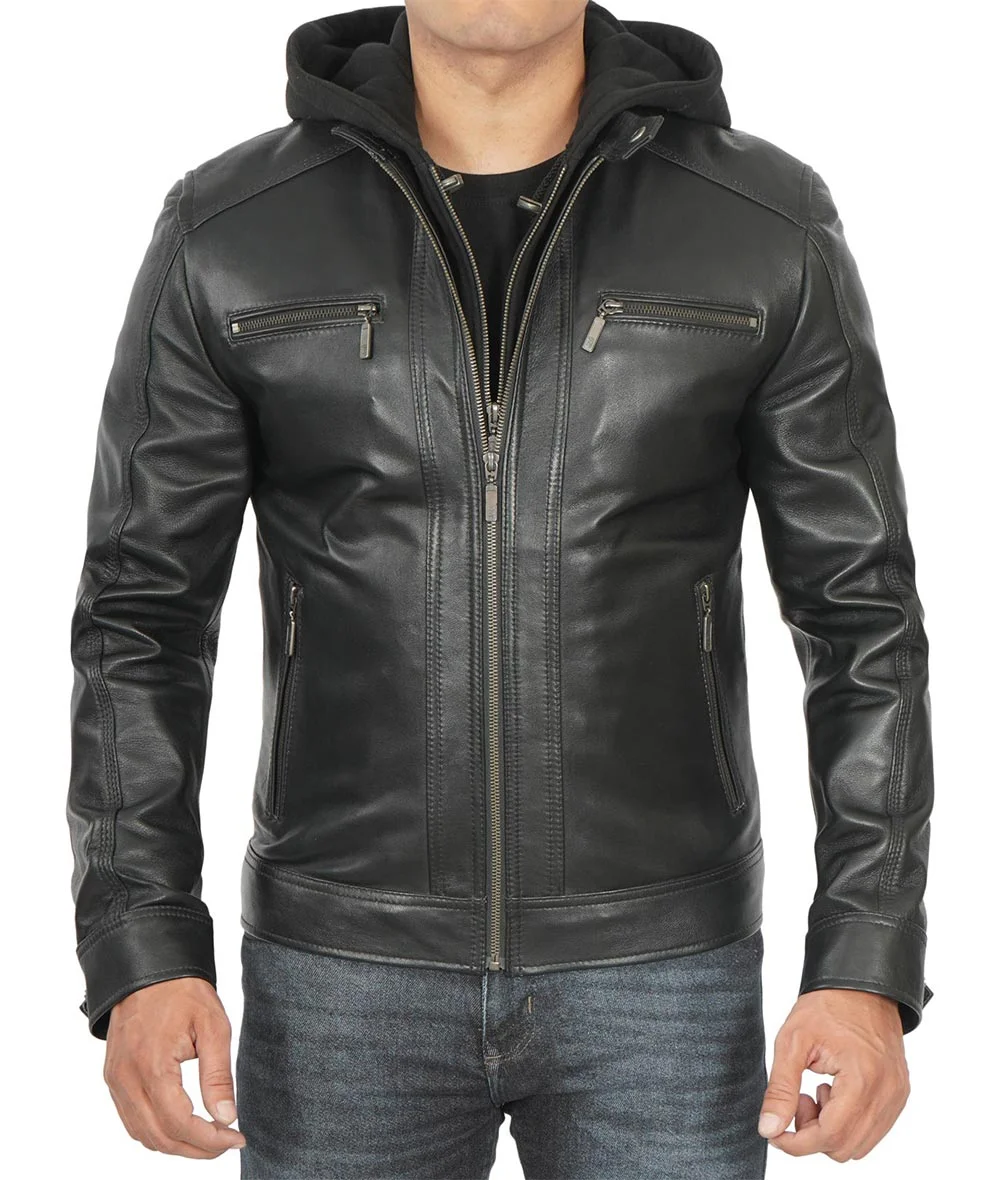 Mens Tall Black Leather Racer Jacket With Removable Hoodie