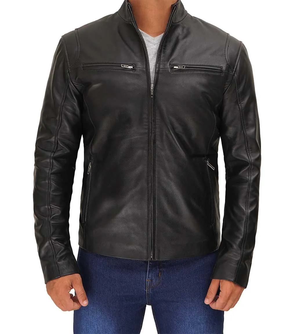 Men Black Tall Cafe Racer Leather Jacket