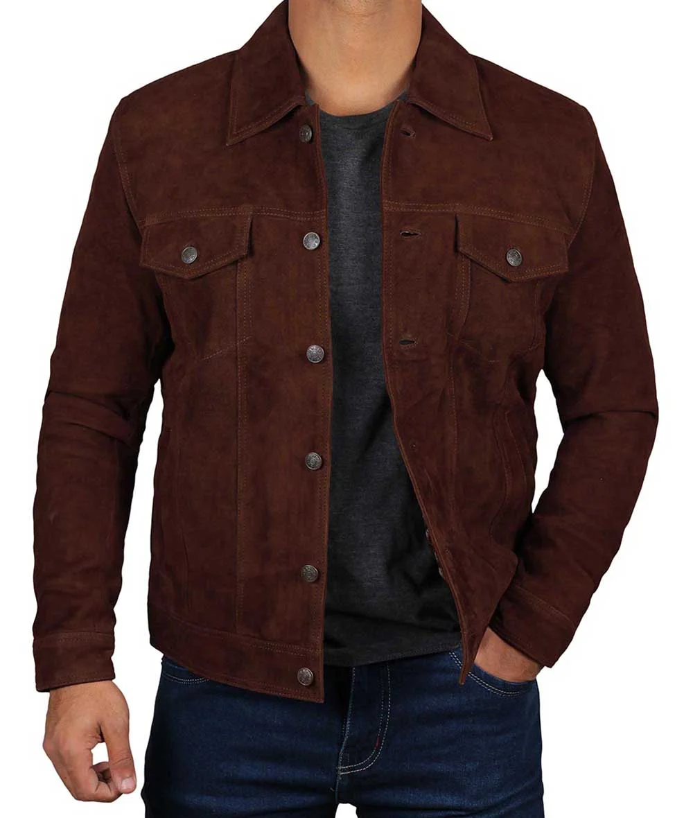 Men Logan Dark Brown Trucker Suede Jacket