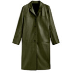 Men Military Green Leather Long Coat
