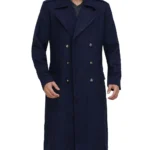 Men Double Breasted Navy Blue Wool Overcoat
