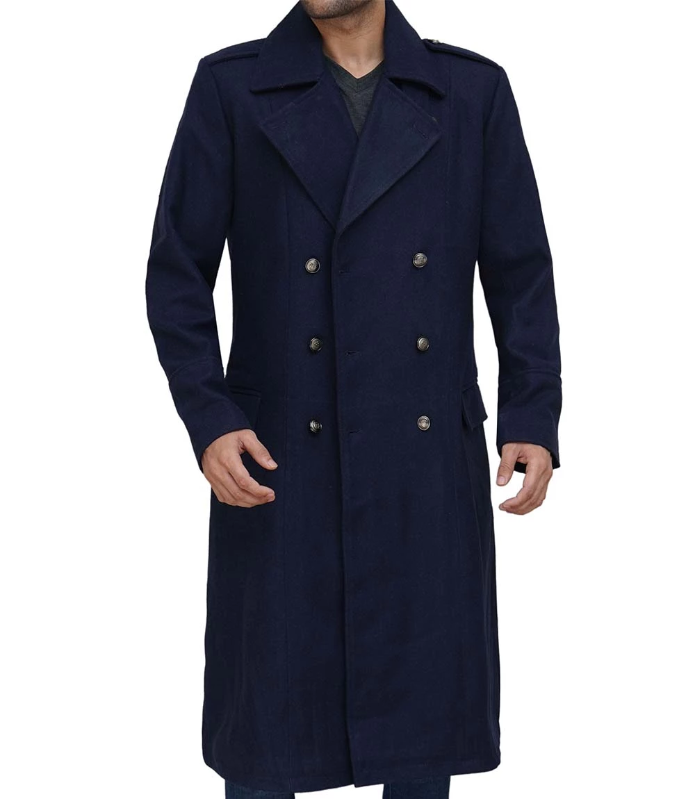 Men Double Breasted Navy Blue Wool Overcoat