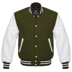 Mens Olive Green And White Varsity Jacket