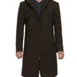 Men Olive Green Long Wool Coat With Attached Hood