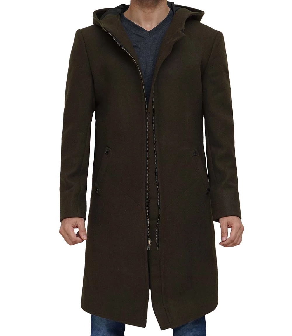 Men Olive Green Long Wool Coat With Attached Hood