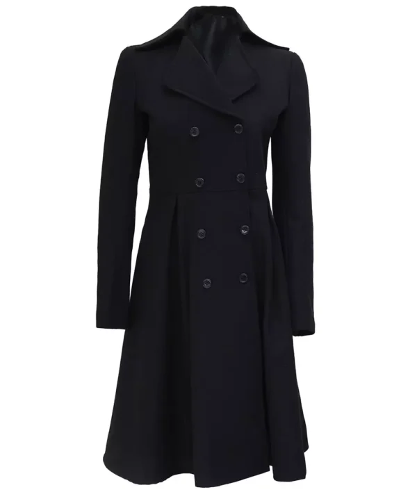 Women Black Double Breasted Wool Trench Coat