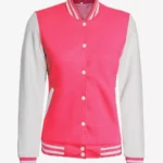 Womens Pink And White Varsity Baseball Jacket - Bomber Style