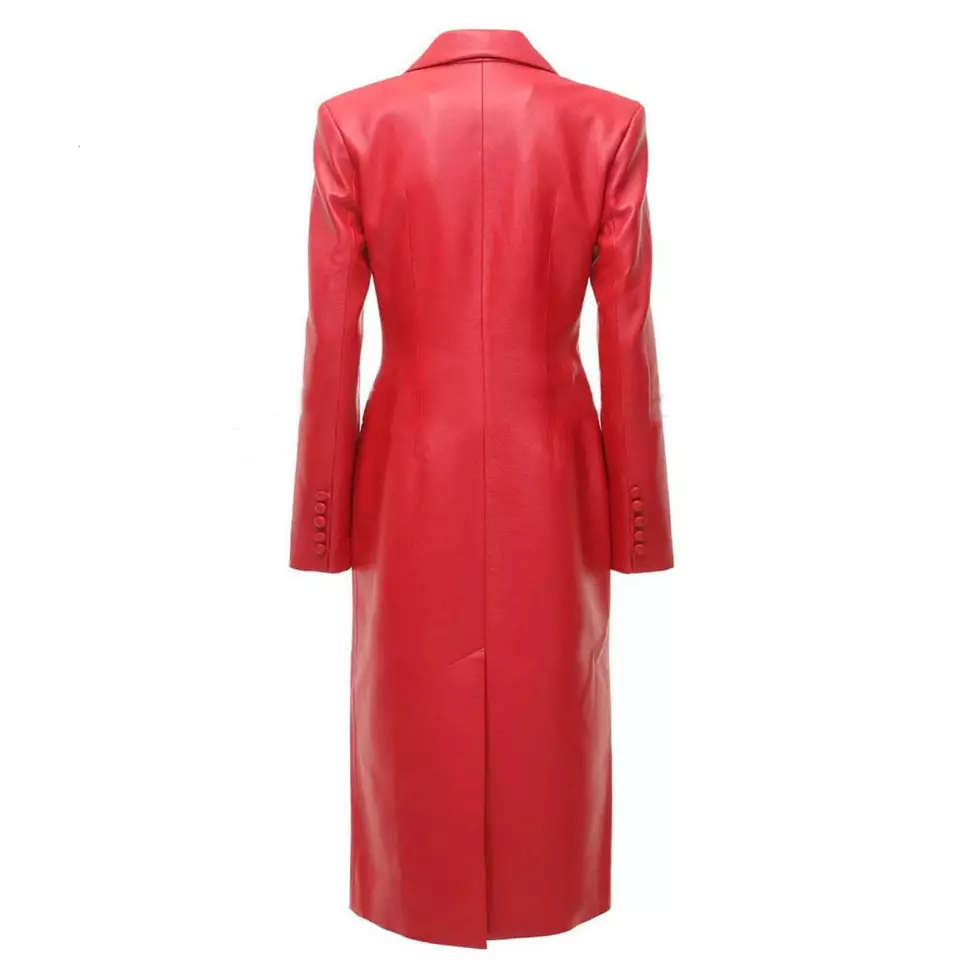 Womens Red Leather Button Up Steampunk Trench Coat