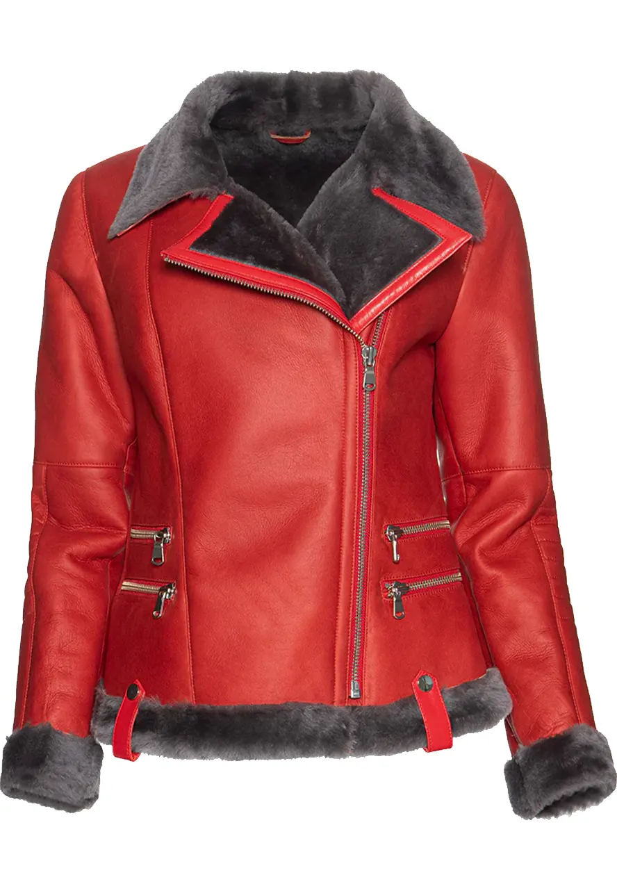 Women Red Faux Leather Grey Shearling Jacket