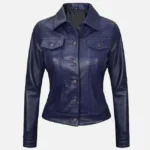 Women Royal Blue Leather Trucker Jacket