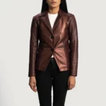 Women Ruby Metallic Maroon Leather Blazer