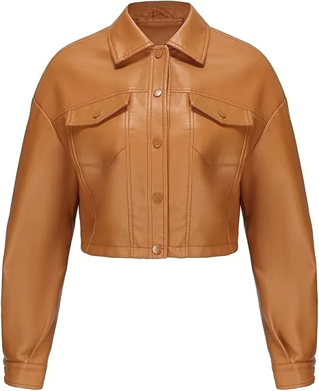 Women Faux Leather Cropped Jacket