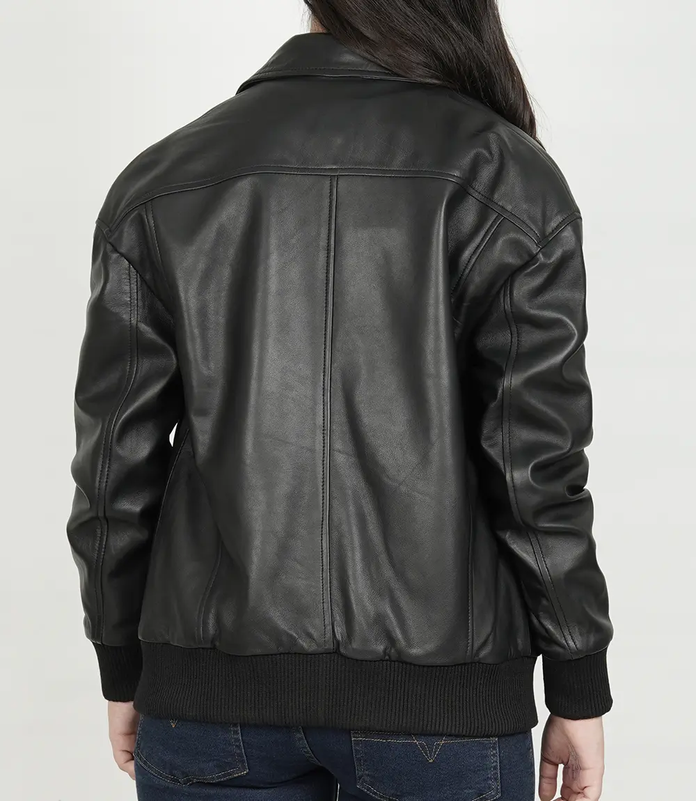 Women Shirt Collar Oversized Bomber Leather Jacket