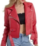Red Biker Cropped Leather Jacket