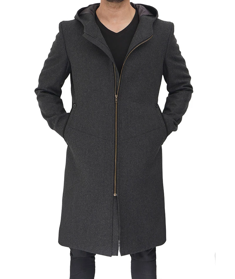 Mens Grey Wool Hood Coat
