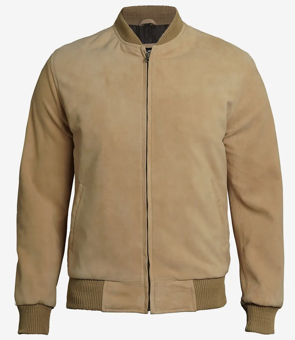 Men Camel Brown Suede Bomber Jacket
