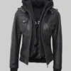 Women Tall Black Hooded Bomber Leather Jacket
