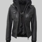 Women Tall Black Hooded Bomber Leather Jacket