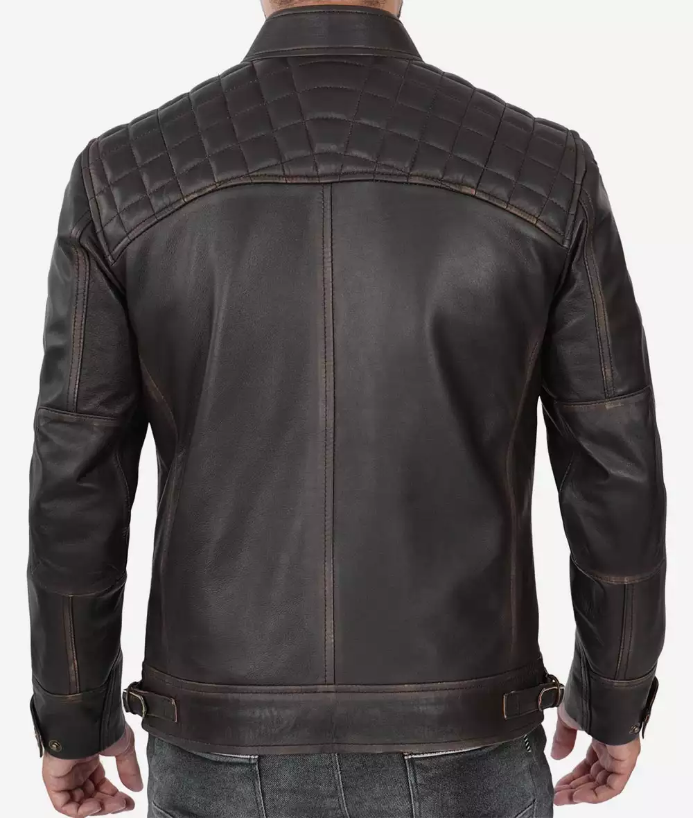 Men Tall Quilted Distressed Brown Leather Jacket