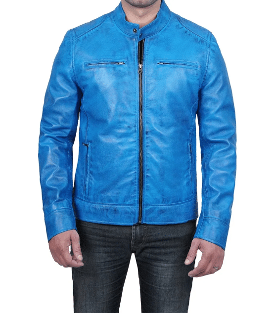 Men Tall Cafe Racer Blue Leather Jacket